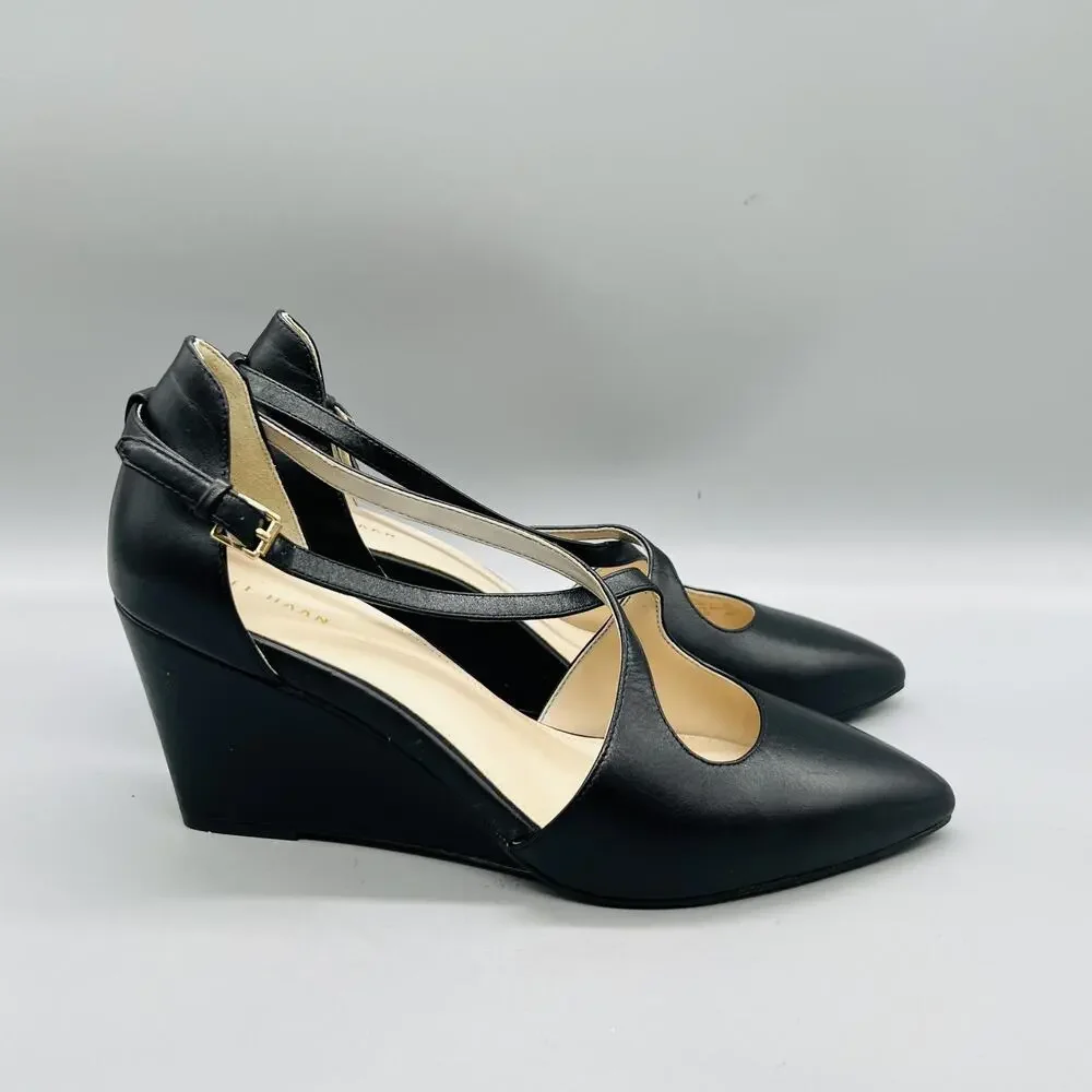 Cole Haan Shoes Womens 9 Black Leather Slingback Wedge Heel Pumps Pointed Toe